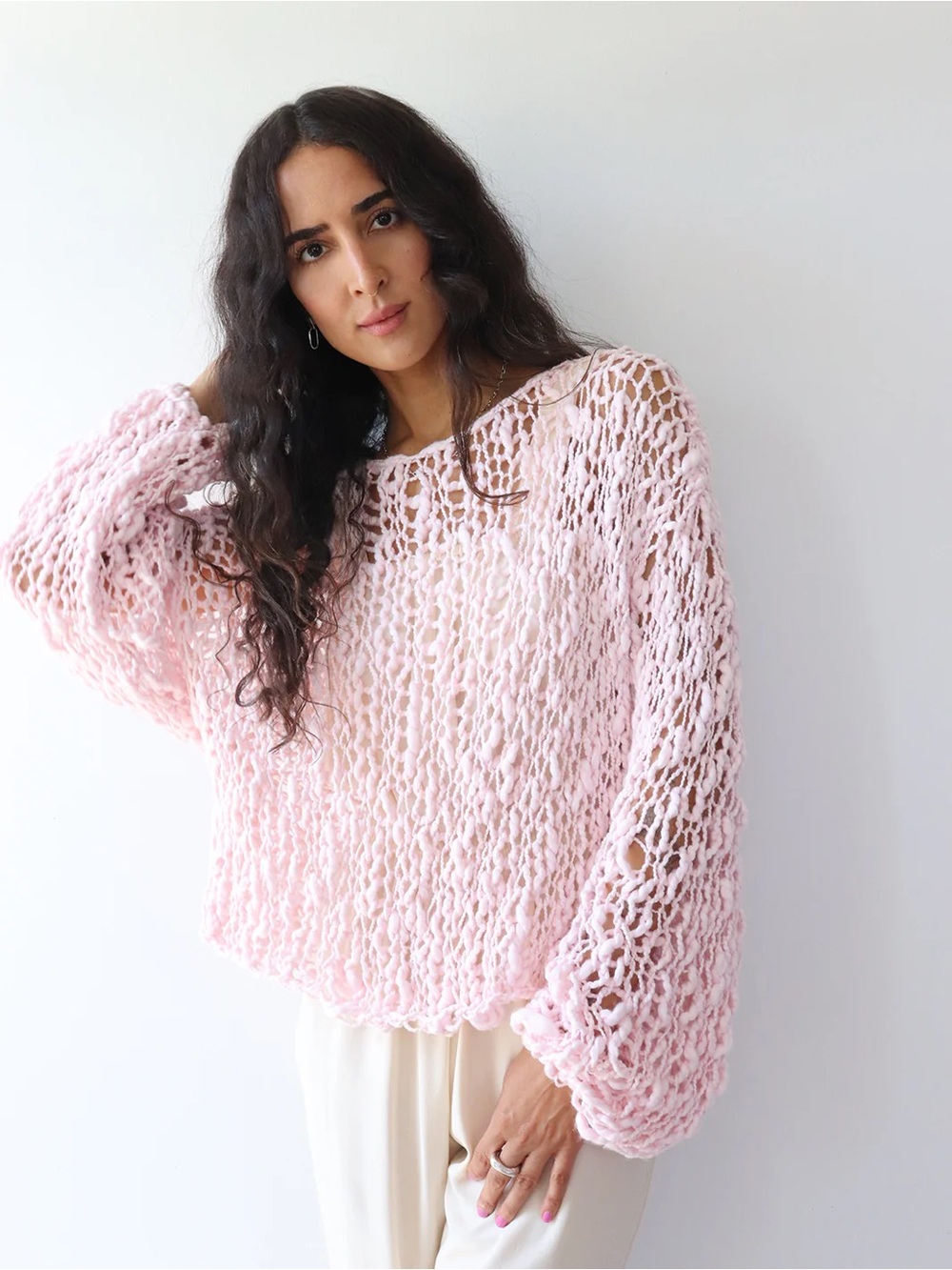 Handmade Fe Knits Signature Girlfriend Sweater in Rose / Pink One Size